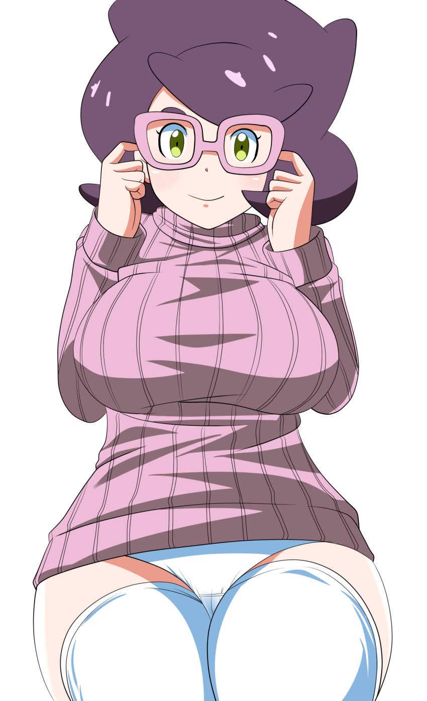 1girls aether_foundation alternate_breast_size alternate_outfit ass big_ass big_breasts black_hair breasts cameltoe chelsea_cola clothed clothes eye_contact eyelashes female female_only glasses green_eyes human large_breasts looking_at_viewer mcdolkun nintendo panties pokemon pokemon_sm pose purple_hair short_hair sitting smile solo source_request sweater thick_thighs thighhighs white_background white_panties wicke_(pokemon) wide_hips