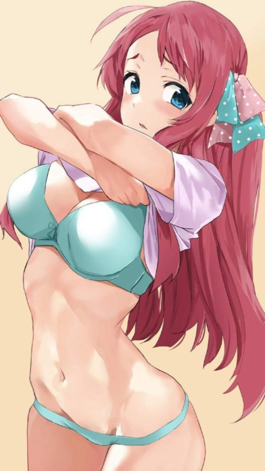 blue_eyes female fujisaki_ribbon looking_at_viewer minamoto_sakura solo underwear undressing zombie_land_saga