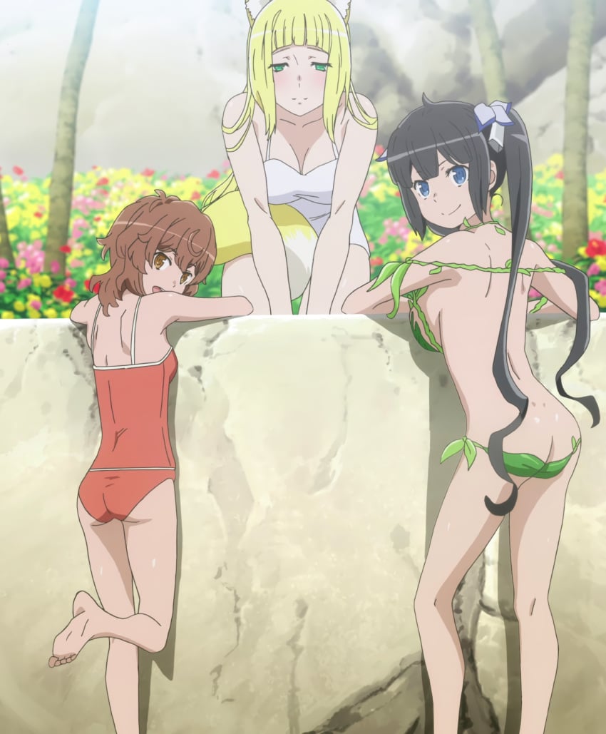 3girls ass back bikini black_hair blonde_hair blue_eyes bra brown_hair dungeon_ni_deai_wo_motomeru_no_wa_machigatteiru_darou_ka fox_ears fox_tail green_eyes haruhime hestia_(danmachi) large_breasts liliruca_arde looking_at_viewer looking_back panties sanjouno_haruhime screencap sideboob smile standing stitched summer swimsuit twintails