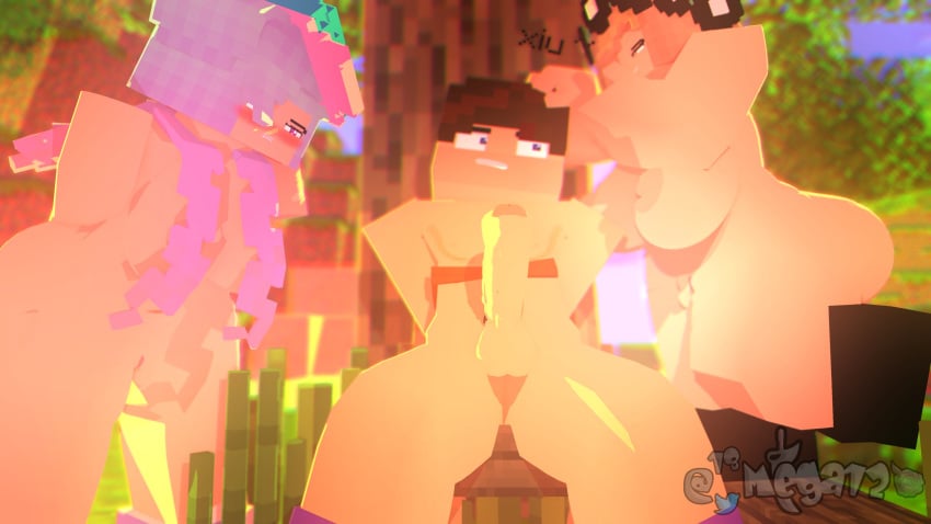 1boy 2girls 3d big_breasts black_hair blue_hair bondage bound brown_eyes brown_hair cerena_(mega12) character cores_(mega12) erection harem human mega12 mine-imator minecraft nude original_character outdoors parody purple_eyes steve_(mega12) steve_(minecraft) tagme