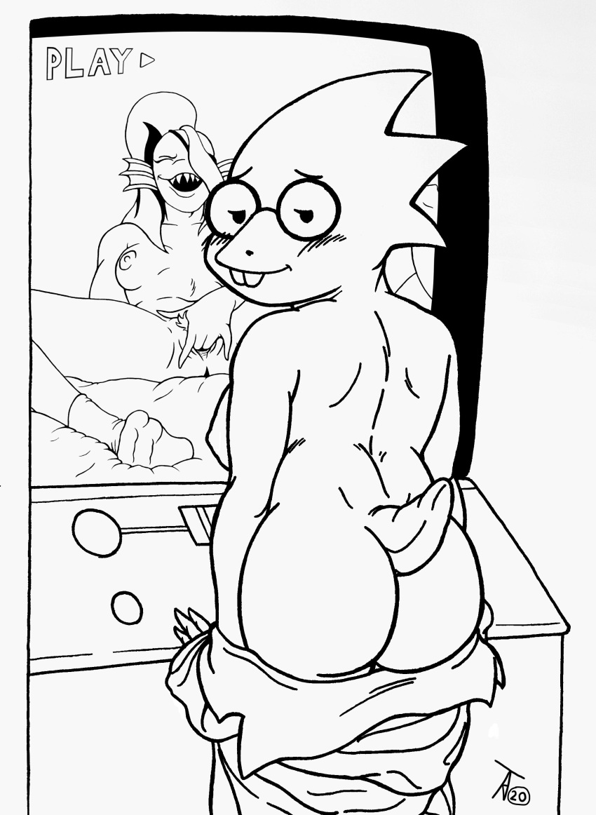 absurd_res alphys anthro areola artymon ass bed bedroom_eyes blush breasts buckteeth canon_couple clothed clothing coat duo eye_patch eyewear female fin fingering fingering_self fish front_view furniture glasses hair head_fin hi_res lab_coat leaning leaning_back legwear looking_at_viewer looking_back marine masturbation monitor monochrome narrowed_eyes nipples non-mammal_breasts nude on_bed open_mouth open_smile partially_clothed ponytail pubes rear_view recording reptile scalie seductive sharp_teeth smile socks teeth topwear undertale undressing undyne vaginal_masturbation vaginal_penetration video_games