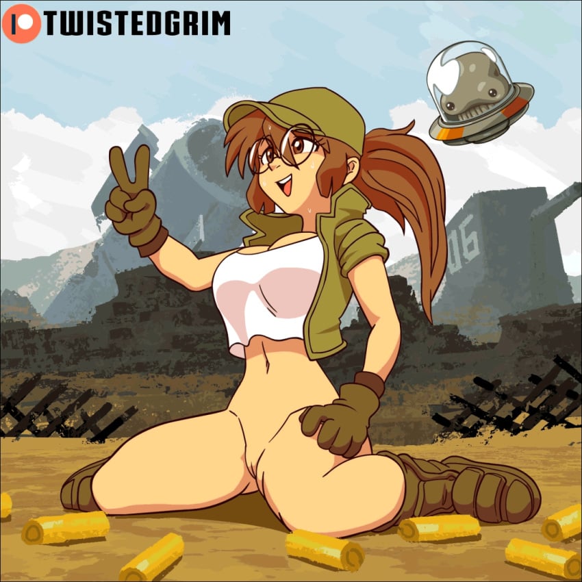 1:1 1girls 2d 2d_animation animated areola areolae belly belly_button boots breasts breasts_bounce breasts_exposed bullet_casings cartridge color detailed_background female fio_germi footwear glasses gloves handwear hat jacket light-skinned_female light_skin line_art looking_to_the_side martian_(metal_slug) metal_slug nipples no_bra no_panties no_pants nude nude_female on_ground outerwear patreon patreon_logo patreon_username ponytail shirt shirt_lift shoes sitting sitting_on_ground snk twistedgrim vagina