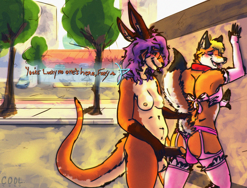 ambiguous_gender anthro blush canid canine city clothed clothed_sex clothing collar cool. dialogue duo exhibitionism eyeshadow fox furry futa_with_male futanari girly gynomorph hi_res intersex kangaroo kiat leggings legwear lingerie lukefox macropod makeup mammal marsupial public public_play sex