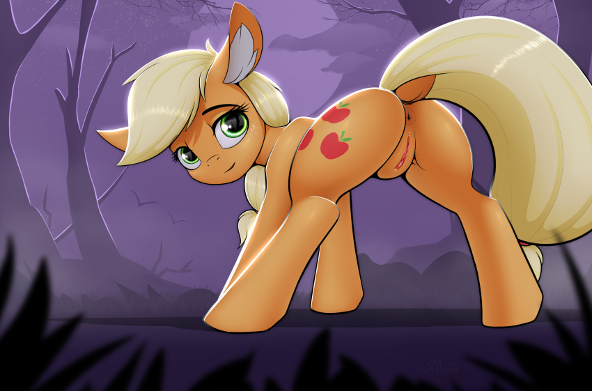 2020 absurd_res anus applejack_(mlp) ass crashgall cutie_mark digital_media_(artwork) dock earth_pony equid equine eyelashes female feral freckles friendship_is_magic full_moon genitals hi_res horse looking_at_viewer mammal moon my_little_pony outside pony pussy solo