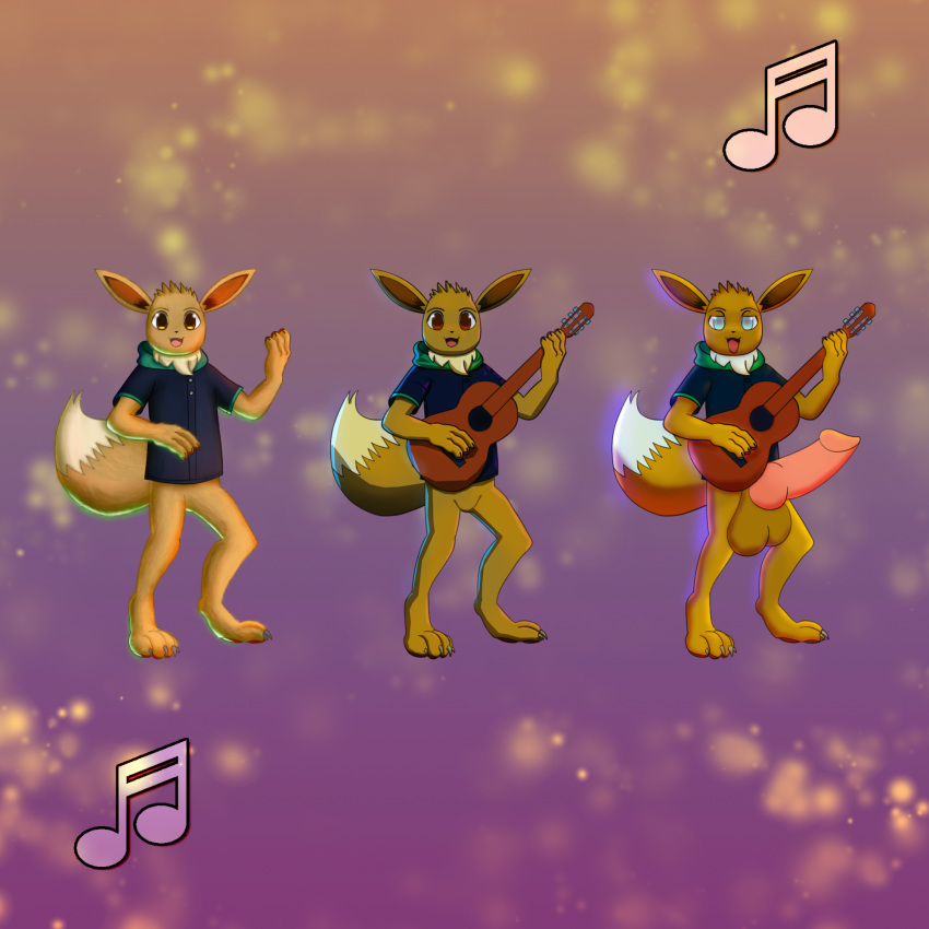 1:1 1boy anthro anthrofied big_penis clothing eevee furry guitar hair hi_res male male_only mammal musical_instrument nintendo original_character penis persegan plucked_string_instrument pokémon_(species) pokemon pokemon_rgby presenting string_instrument testicles video_games