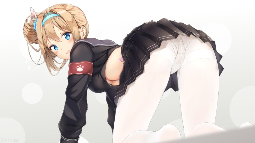 1girls ass blonde_hair female female_only girls'_frontline haruka_poi light-skinned_female light_skin no_bra panties pantyhose pussy_juice seifuku shirt_lift skirt_lift solo suomi_(girls'_frontline) underboob vibrator