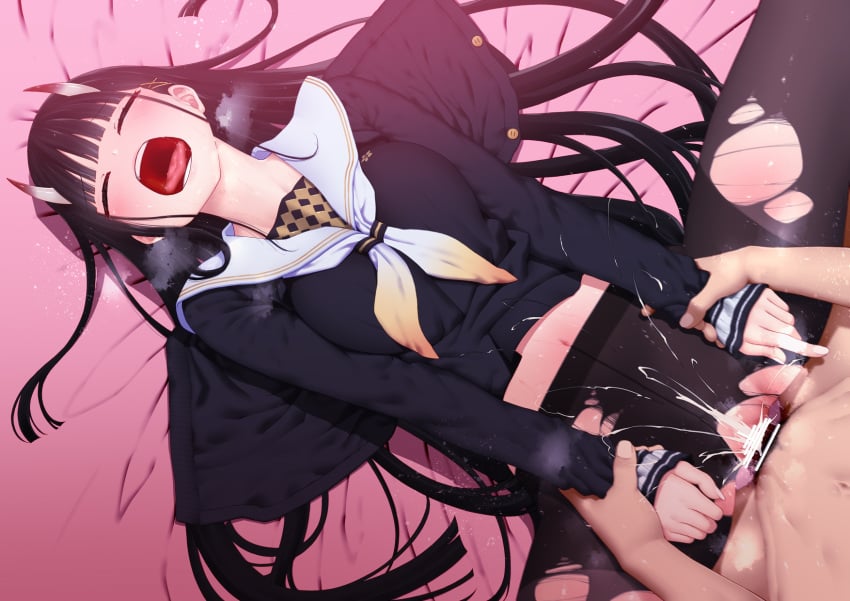 1boy 1girls anthro azur_lane bangs bar_censor bed bed_sheet black_cardigan black_hair black_legwear blunt_bangs blush breasts cardigan censored closed_eyes clothed_female_nude_male clothed_sex clothing cum cum_in_pussy cum_inside ejaculation female hair_ornament hairclip heavy_breathing highres horns long_hair long_sleeves lying male medium_breasts missionary navel neckerchief no_panties noshiro_(azur_lane) nude on_back on_bed oni open_cardigan open_clothes open_mouth pantyhose penetration penis prophecy_(rakuichimonji) pussy sailor_collar school_uniform serafuku sex solo_focus spread_legs straight tongue tongue_out torn_clothes torn_legwear vaginal_penetration very_long_hair white_sailor_collar wince wrist_grab wrist_pull_missionary x_hair_ornament