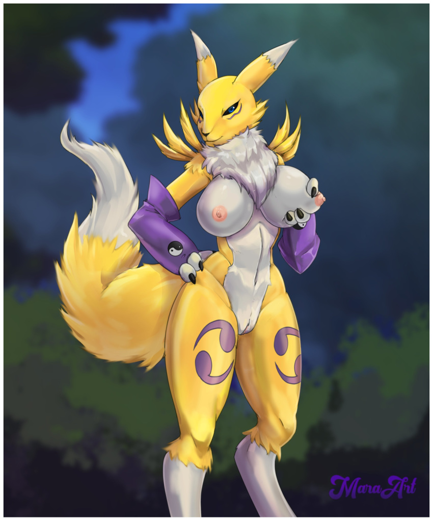 2020 3_fingers absurd_res anthro areola armwear big_breasts black_nose black_sclera blue_eyes border breast_fondling breast_grab breasts bridal_gauntlets canid claws clothing digimon digimon_(species) female female_only fingers fondling fur genitals hand_on_breast hand_on_hip hi_res looking_at_viewer mammal maraart_(artist) markings mostly_nude navel neck_tuft nipples outside purple_markings pussy renamon smile solo standing tuft white_body white_border white_fur yellow_body yellow_fur yin_yang