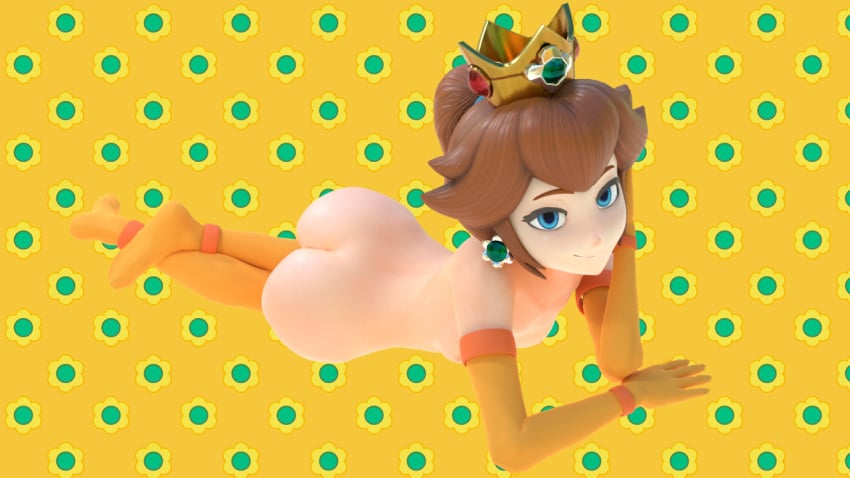 3d ass blender blue_eyes brown_hair crown earrings eyeliner female female_only frististains gloves jewelry looking_at_viewer mario_(series) nintendo nude ponytail princess_daisy small_breasts socks solo tagme thigh_highs