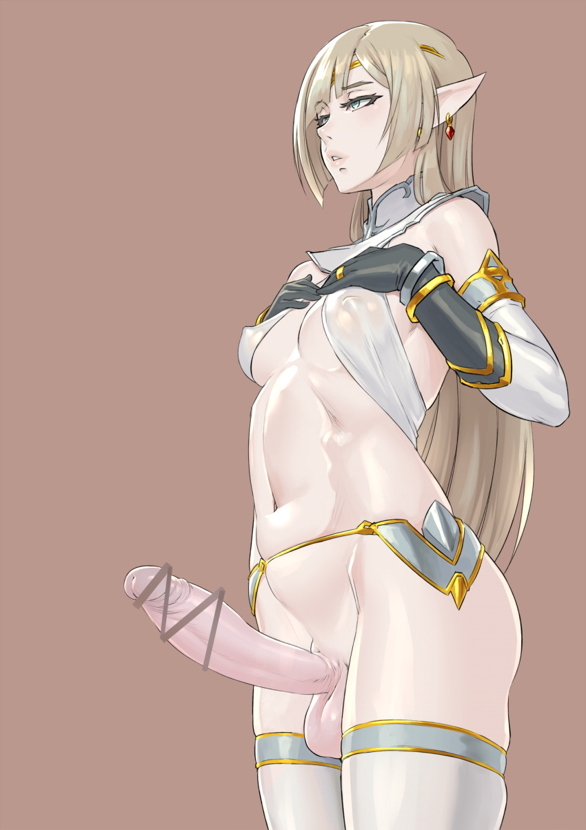 1futa aqua_eyes black_gloves blonde_hair blush bottomless bracelet breasts brown_background bulge censored covered_nipples detached_sleeves earrings elf erection fanbox_reward futa_only futanari gloves highres horny jewelry long_hair medium_breasts mikoyan navel original paid_reward parted_lips penis pointy_ears revealing_clothes simple_background solo solo_futa testicles thighhighs white_background