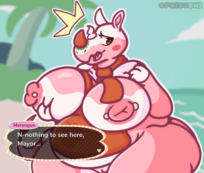 1girls 2020 animal_crossing anthro apron areolae blush bottomless breasts clothed clothing digital_media_(artwork) english_text erect_nipples eyelashes female female_only food food_creature fruit genitals hi_res huge_breasts large_nipples mammal merengue_(animal_crossing) nintendo nipple_piercing nipples obese open_mouth outside overweight overweight_female piercing plant pussy rhinocerotoid simple_background solo strawberry sushirolldragon text thick_thighs video_games wardrobe_malfunction wide_hips