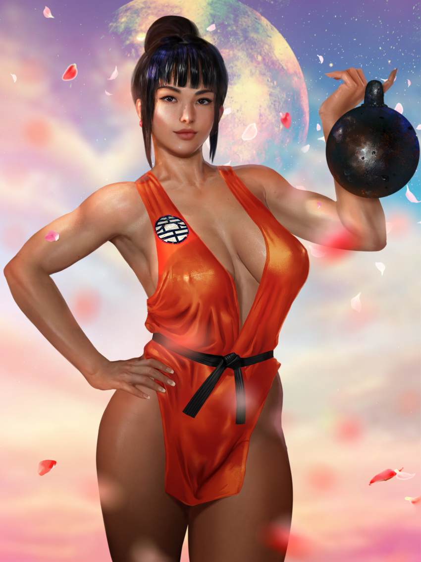 1girls absurdres armpits asian bangs big_breasts big_lips big_nipples bimbo black_hair breasts chichi cleavage dragon_ball dragon_ball_z female female_only hair_bun hand_on_hip highres hips looking_at_viewer milf nipples pale-skinned_female pale_skin perky_breasts pussy pussy_bulge realistic shikari sideboob skimpy skintight solo thick_thighs thighs turtle_school_uniform