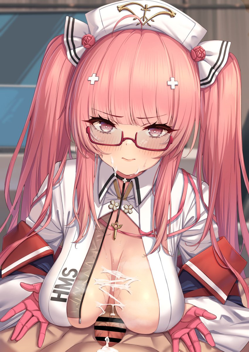 1boy absurdres after_paizuri ahoge azur_lane bangs bar_censor blush breasts breasts_apart censored choker closed_mouth collared_dress cum cum_bridge cum_on_body cum_on_breasts cum_on_upper_body cumdrip dress eyebrows_visible_through_hair facial female glasses gloves hair_ornament half_gloves hat highres indoors large_breasts long_hair looking_at_viewer momo_no_sukebe nurse nurse_cap penis perseus_(azur_lane) perseus_(nursery_service_time)_(azur_lane) pink_eyes pink_gloves pink_hair pov small_penis solo_focus straight twintails very_long_hair white_dress white_headwear x_hair_ornament