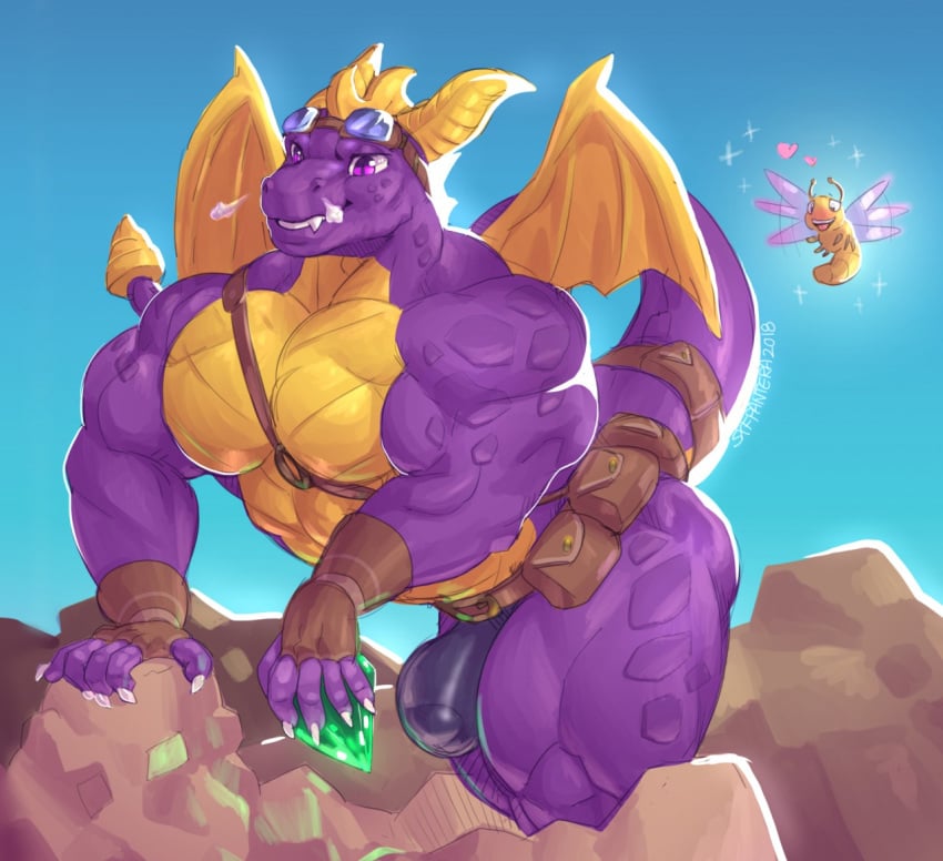 activision anthro arthropod bara belt big_biceps bulge clothed clothing dragon dragonfly eyewear fingerless_gloves gloves goggles handwear hymenopteran insects male male_only muscular muscular_male partial_nudity sparx spyro spyro_the_dragon sxfpantera tongue tongue_out topless utility_belt video_games