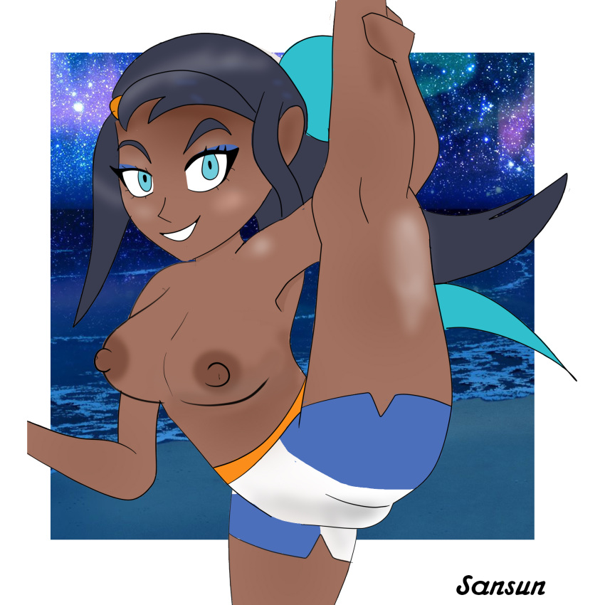 1girls alternate_breast_size areolae big_thighs blue_background blue_eyes blue_hair breasts dark-skinned_female dark_skin earrings female flexible human_only large_breasts leg_up legs_up looking_at_viewer nessa_(pokemon) nintendo nipples pokemon pokemon_ss pose sansun shirt_up solo source_request splits spread_legs standing text thick_thighs topless vertical_splits watermark white_border wide_hips yoga_pants