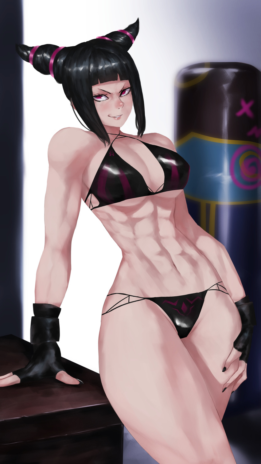 1girls abs arm_support bangs bikini black_bikini black_hair black_nails bluecup blunt_bangs blush breasts capcom cleavage curvy drill_hair eight_pack eyelashes female female_only fingerless_gloves front_view fully_clothed gloves human juri_han large_breasts leaning multi-strapped_bikini muscles muscular_female nail_polish perky_breasts pink_eyes revealing_clothes sidelocks smile smirk solo street_fighter street_fighter_v swimsuit thick_thighs twin_drills underboob wide_hips