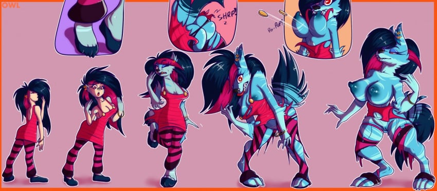 1girls 2019 anthro ass big_breasts black_nose blue_body blue_fur breast_expansion breasts butt_expansion canid canine canis clenched_teeth clothing creamyowl dress eyelashes female female_focus female_only fur genitals growth human human_to_anthro jayjay_(zoophobia) mammal nipples open_mouth pattern_clothing pussy sequence sharp_teeth simple_background smile solo species_transformation standing striped_clothing stripes surprise tail_growth teeth torn_clothing transformation vivienne_medrano wolf zoophobia