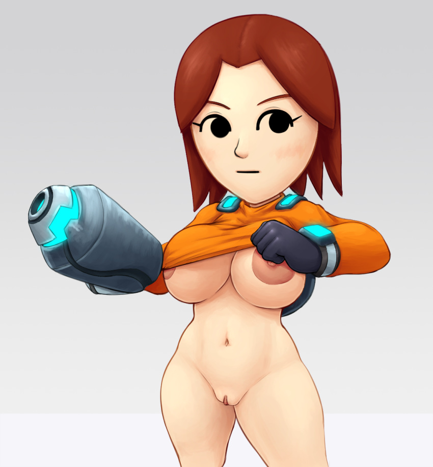 1girls areola barely_clothed big_breasts big_nipples bimbo bottomless breasts brown_hair female female_only gloves grey_impact lifted_by_self mii mii_gunner mii_gunner_(smash_4) mob_face navel nintendo nipples orange_shirt shirt_lift shortstack solo solo_focus super_smash_bros. super_smash_bros._for_nintendo_3ds_and_wii_u thick thick_thighs wide_hips