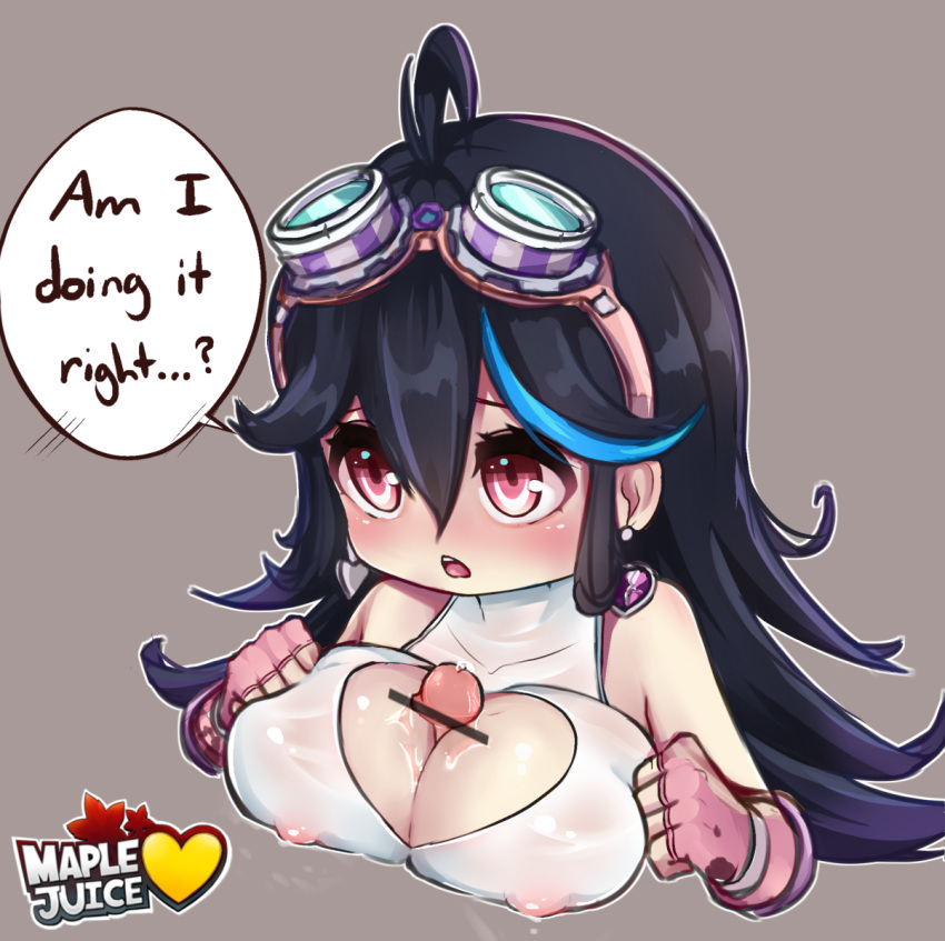 ahoge artist_name bar_censor black_hair blue_hair breast_squeeze breasts censored cleavage covered_nipples earrings english_text female fingerless_gloves gloves goggles goggles_on_head grey_background halterneck heart_cutout highres huge_breasts jewelry long_hair looking_away maplejuice maplestory_2 multicolored_hair paizuri peachy_(maplestory_2) penis pink_eyes pink_gloves pointless_censoring precum shirt simple_background solo streaked_hair two-tone_hair upper_body white_shirt