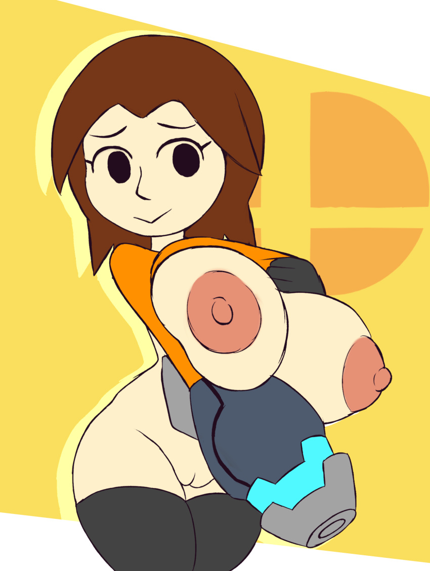 1girls barely_clothed big_breasts bottomless breasts brown_hair clothed clothing exposed_breasts female female_only gloves huge_breasts lifted_by_self lifting metachoke mii mii_gunner mii_gunner_(smash_4) mob_face nintendo orange_shirt pussy shirt_lift super_smash_bros. super_smash_bros._for_nintendo_3ds_and_wii_u