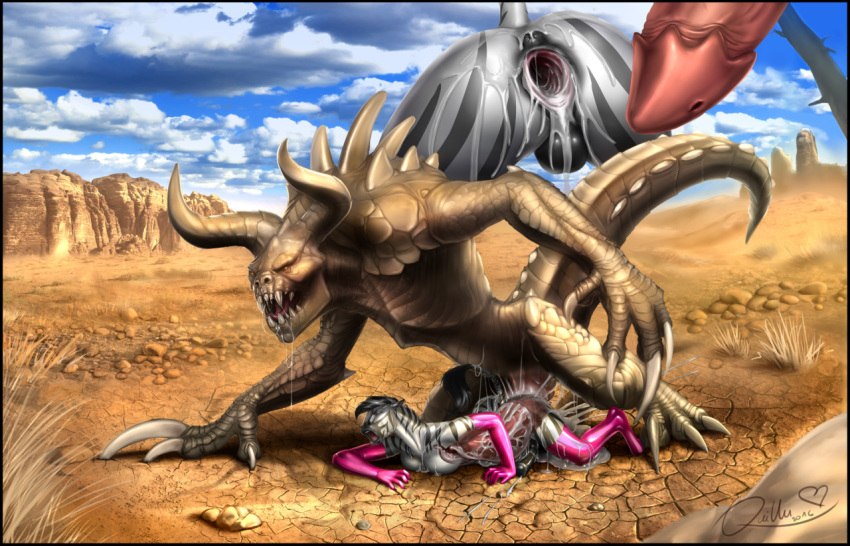 1boy 1futa 2016 animal_genitalia animal_penis anthro anus ass bethesda_softworks big_dom_small_sub big_feet big_hands black_fur bodily_fluids breasts brown_skin claws clitoris close-up clothing cum cum_inside deathclaw desert dickgirl digital_media_(artwork) duo equine erection excessive_cum fallout furry futanari gaping gaping_pussy genital_fluids gloves handwear hooves horn horse huge_penis inflation intersex interspecies kaeldu larger_male leaking legwear male male_penetrating mammal monster mostly_nude nude open_mouth original_character penetration penis pussy quillu rubber scalie size_difference size_play smaller_intersex spikes stockings stripes tail teeth testicles text thick_thighs vaginal_penetration video_games wasteland watermark white_fur wide_hips x-ray zebra