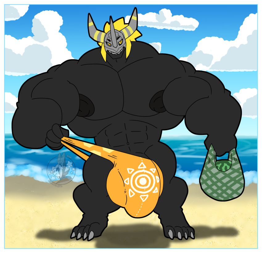 anthro bag balls beach beachwear big_balls big_muscles big_penis blackwargreymon border bulge cloud day digimon digimon_(species) food fruit genitals hi_res horn huge_balls huge_muscles hyper hyper_balls hyper_bulge hyper_genitalia hyper_muscles hyper_penis kokoro-doll looking_at_viewer male male_only melon muscular nipples penis plant sea seaside sky smile solo solo_male water watermelon white_border