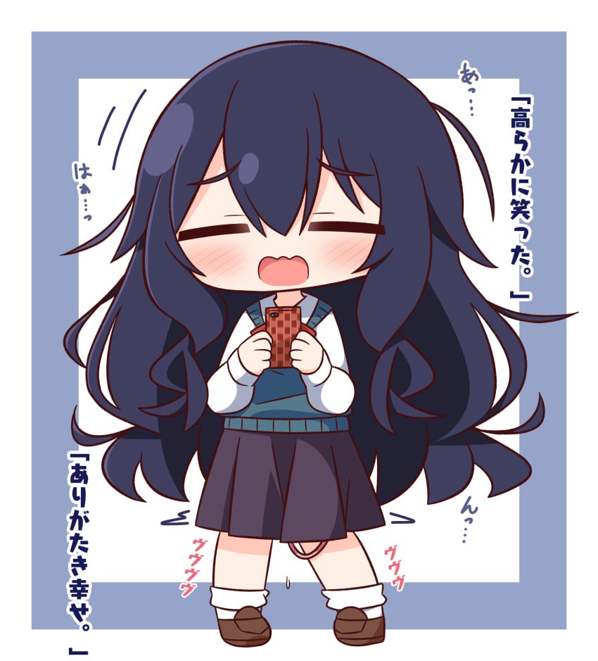 100_kanojo black_hair black_skirt blue_background blush brown_footwear cellphone chibi closed_eyes collared_shirt cute egg_vibrator facing_viewer female full_body hair_between_eyes hana_kazari highres holding holding_phone kimi_no_koto_ga_dai_dai_dai_dai_daisuki_na_100-nin_no_kanojo loafers long_hair long_sleeves not_porn open_mouth phone pleated_skirt puffy_long_sleeves puffy_sleeves safe safe_for_work sex_toy sfw shirt shoes skirt socks solo standing sweater_vest the_100_girlfriends_who_really_really_really_really_really_love_you translation_request two-tone_background very_long_hair vibrator wavy_mouth white_background white_shirt white_socks wholesome yoshimoto_shizuka