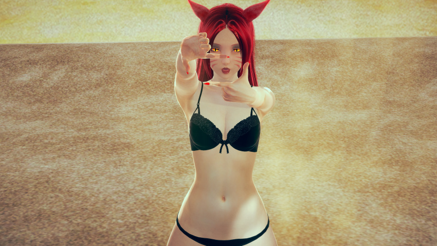 3d black_bra black_panties black_underwear catgirl desert female_only final_fantasy final_fantasy_xiv leona_phoenix miqo'te red_hair riaykuras_playground sand solo underwear