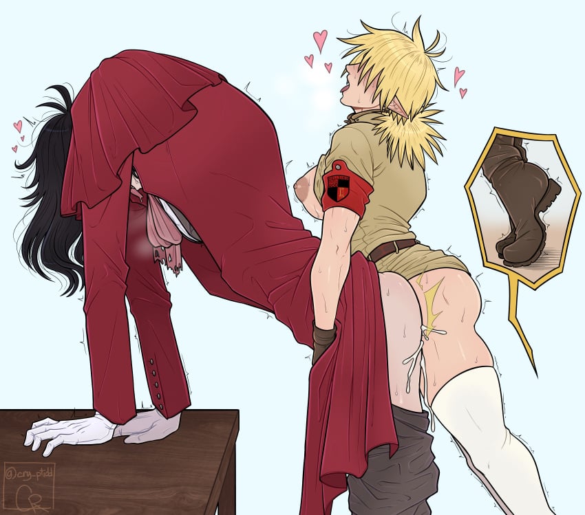 1boy 1futa alucard_(hellsing) anal anal_penetration ass big_ass big_breasts bigger_male black_hair blonde_hair bottomless breasts clothed clothed_sex clothing cry_ptidd cum doggy_style duo ejaculation from_behind futa_on_male futa_penetrating futa_penetrating_male futadom futanari heart hellsing highres huge_ass human lifted_skirt light-skinned_futanari light-skinned_male light_skin long_hair long_hair_male male male_penetrated malesub military_uniform mostly_clothed nipples orgasm pale_skin panting pointy_ears police_uniform seras_victoria short_hair short_hair_female size_difference small_dom_big_sub smaller_female standing submissive submissive_male sweat table tagme thighhighs tiptoes tongue_out twitch_lines twitching vampire