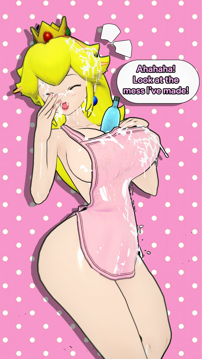 1girls 3d blonde_hair bottle bottle_between_breasts breasts closed_eyes cream cream_in_hair cream_on_body cream_on_breasts cream_on_face crown dialogue english_text female female_only kk_guyyy koikatsu long_hair making_a_mess mario_(series) pink_background princess_peach sideboob simple_background solo speech_bubble standing tagme text