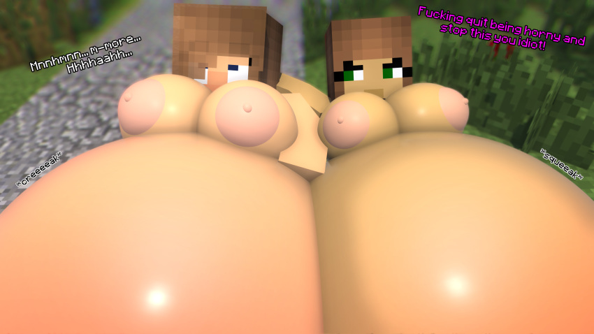 angry aroused belly belly_bigger_than_body belly_inflation blush breast_expansion breast_inflation breasts breasts_bigger_than_head exposed_breasts hyper_belly inflation mine-imator minecraft natalie_abrams(tittank) nude nude_female round_belly round_breasts sara_abrams(tittank) shiny_skin taut taut_belly tittank