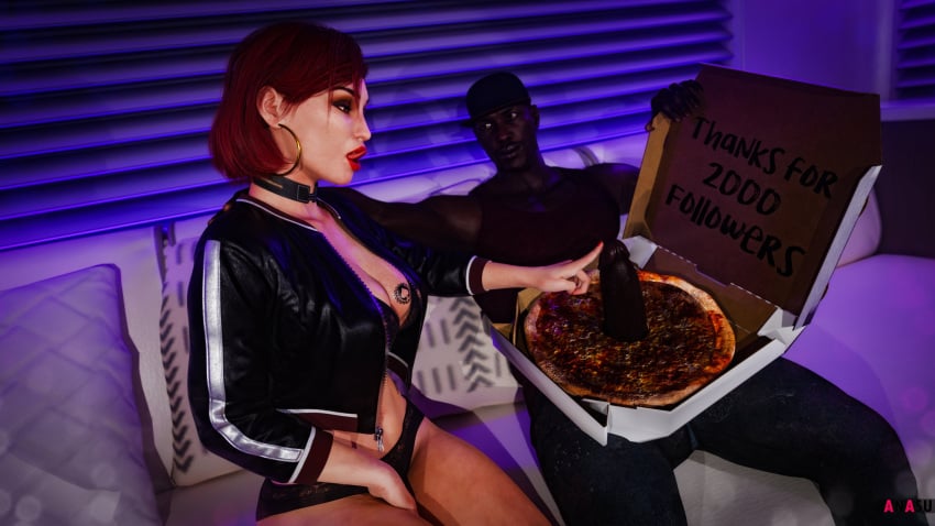 1boy 1girls 3d anasulewds commander_shepard dark-skinned_male erect_penis femshep green_eyes hoop_earrings imminent_sex interracial licking_lips mass_effect mass_effect_3 pizza queen_of_spades red_hair red_lipstick