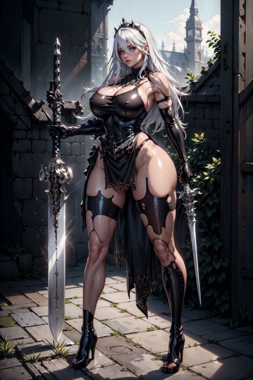 1robot_girl 2d ai_generated big_breasts black_dress black_leggings blue_eyes erect_nipples fishnet_stockings front_view high_heels league69 long_hair nier:_automata solo swords thong_bikini white_hair yorha_a2