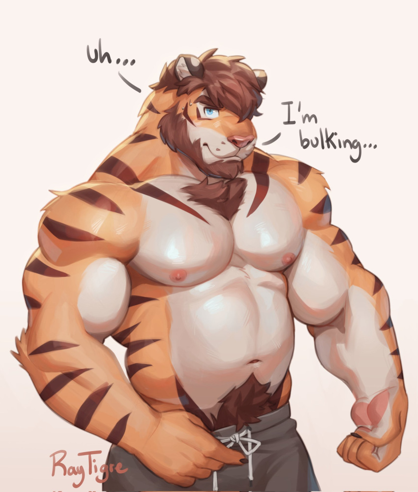 2023 anthro beard biceps biped bottomwear clothed clothing dialogue digital_drawing_(artwork) digital_media_(artwork) facial_hair felid hair hi_res male male_only mammal musclegut muscular muscular_anthro muscular_male navel pantherine pants pecs pubes raytig12 simple_background solo standing tiger topless