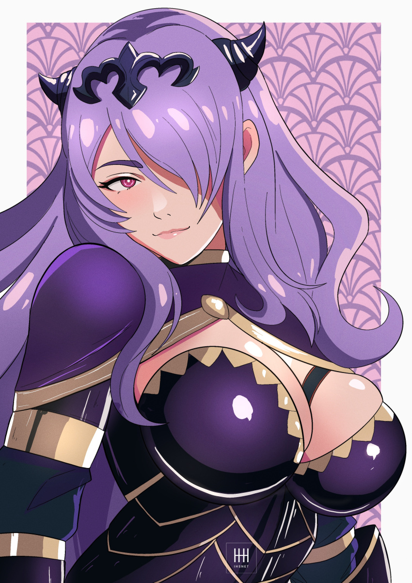 1girls absurdres armor breasts camilla_(fire_emblem) cleavage cleavage_cutout clothing_cutout female female_only fire_emblem fire_emblem_fates hair_between_eyes hair_over_one_eye highres horn_ornament horns ihsnet kuji-in large_breasts long_hair looking_at_viewer nintendo parted_bangs pink_eyes purple_hair red_eyes sidelocks smile solo tiara upper_body very_long_hair