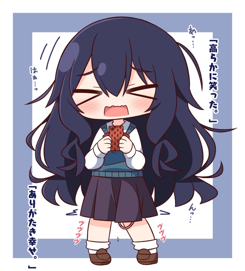 >_< 100_kanojo black_hair black_skirt blue_background blush brown_footwear cellphone chibi closed_eyes collared_shirt commentary_request egg_vibrator female full_body hair_between_eyes hana_kazari highres holding holding_phone kimi_no_koto_ga_dai_dai_dai_dai_daisuki_na_100-nin_no_kanojo loafers long_hair long_sleeves open_mouth phone pleated_skirt puffy_long_sleeves puffy_sleeves sex_toy shirt shoes skirt socks solo standing sweater_vest the_100_girlfriends_who_really_really_really_really_really_love_you translation_request two-tone_background very_long_hair vibrator wavy_mouth white_background white_shirt white_socks wholesome yoshimoto_shizuka