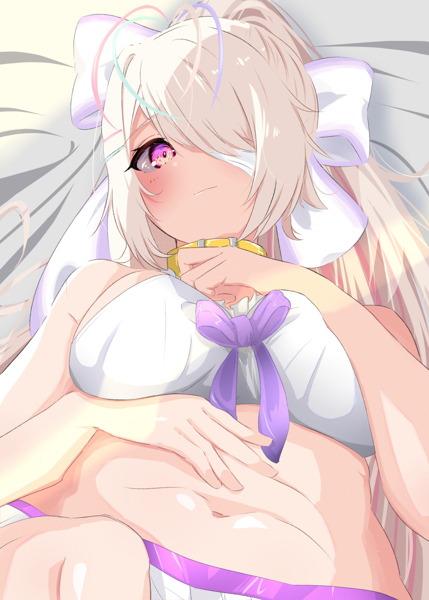 1girls aki_hikky bed_sheet belly_button blonde_hair blush bra breasts cleavage collar female female_only hair_over_one_eye huge_breasts indie_virtual_youtuber kulaku_lie light-skinned_female light_skin lingerie looking_at_viewer on_bed one_eye_obstructed panties pink_eye ponytail red_eye solo underwear virtual_youtuber white_bed_sheet white_bra white_panties