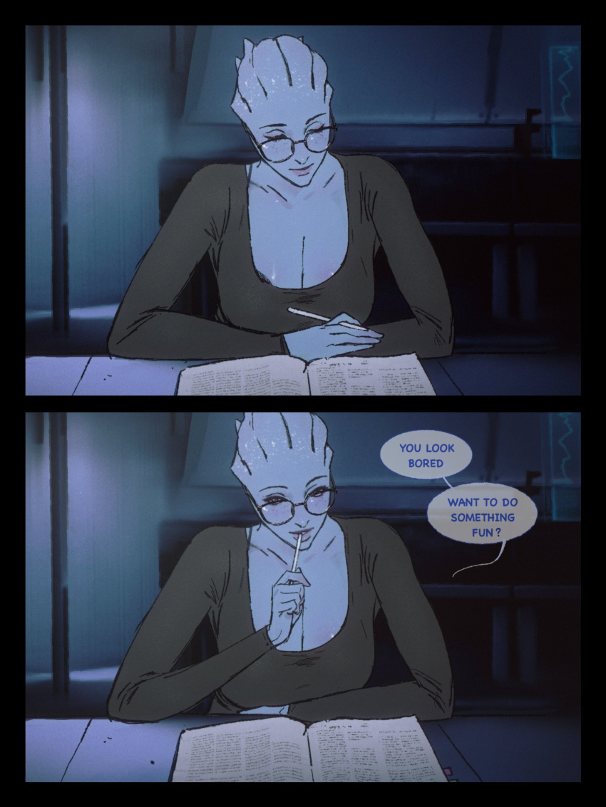 1girls alien alien_girl asari bald big_breasts bioware biululu999 blue_body blue_skin breasts busty cleavage clothed english_text glasses huge_breasts large_breasts liara_t'soni mass_effect mostly_clothed pen pen_in_mouth seductive seductive_look seductive_smile text