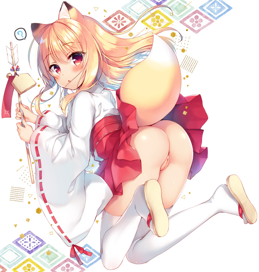 animal_ears anus ass boku_no_risou_no_isekai_seikatsu chise_(ichiri) hakama_skirt ichiri innie_pussy kitsune miko nopan pussy sazaki_ichiri skirt_lift tabi thighhighs uncensored