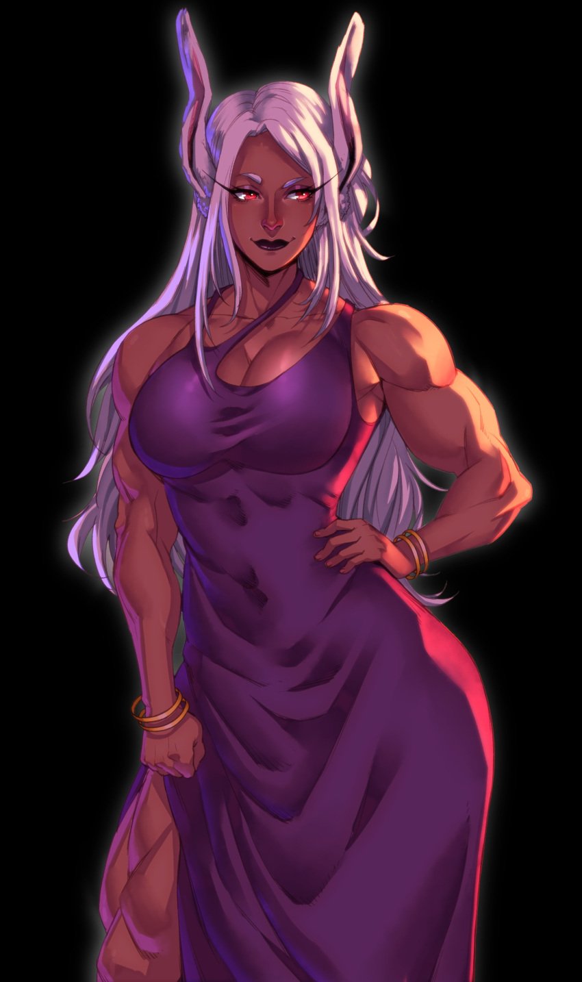 az_ciam big_breasts boku_no_hero_academia breasts bunny_ears bunny_girl dark-skinned_female dark_skin dress fit fit_female miruko muscular muscular_female my_hero_academia rumi_usagiyama smug superheroine tanned thick_thighs white_hair