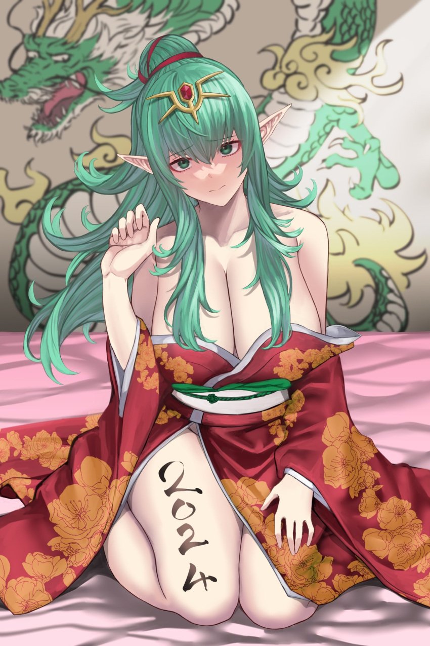 1girls 2024 alternate_costume bare_legs bare_shoulders blush body_writing breasts chinese_zodiac cleavage dragon eastern_dragon female female_only fire_emblem fire_emblem_awakening floral_print green_eyes green_hair hand_on_own_leg head_tilt highres japanese_clothes kimono large_breasts new_year nintendo off_shoulder pocari66 pointy_ears sagging_breasts seiza sitting solo thighs tiara tiki_(adult)_(fire_emblem) tiki_(fire_emblem) year_of_the_dragon