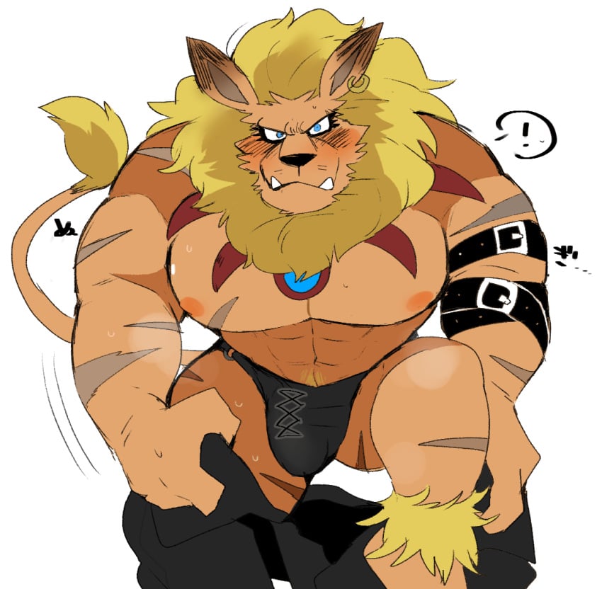 bandai_namco blonde_hair blue_eyes blush bulge caught clothing digimon digimon_(species) exclamation_point genital_outline hair hyaku_(artist) leomon looking_at_viewer male male_only mane muscular nipples pecs penis_outline solo underwear undressing