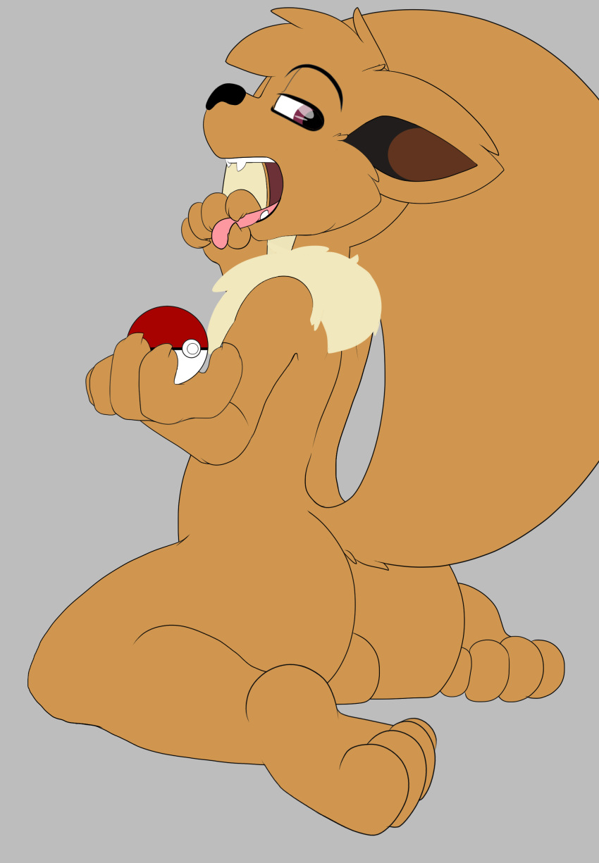 1boy 2020 absurd_res anthro anthrofied ass digital_media_(artwork) eevee eye_contact fangs furry half-closed_eyes hi_res kneeling looking_at_viewer looking_back male male_only mammal nintendo nude open_mouth original_character paws pokémon_(species) poke_ball pokemon pokemon_rgby raised_tail rickochet simple_background sitting solo teeth testicles thick_thighs tongue video_games wide_hips