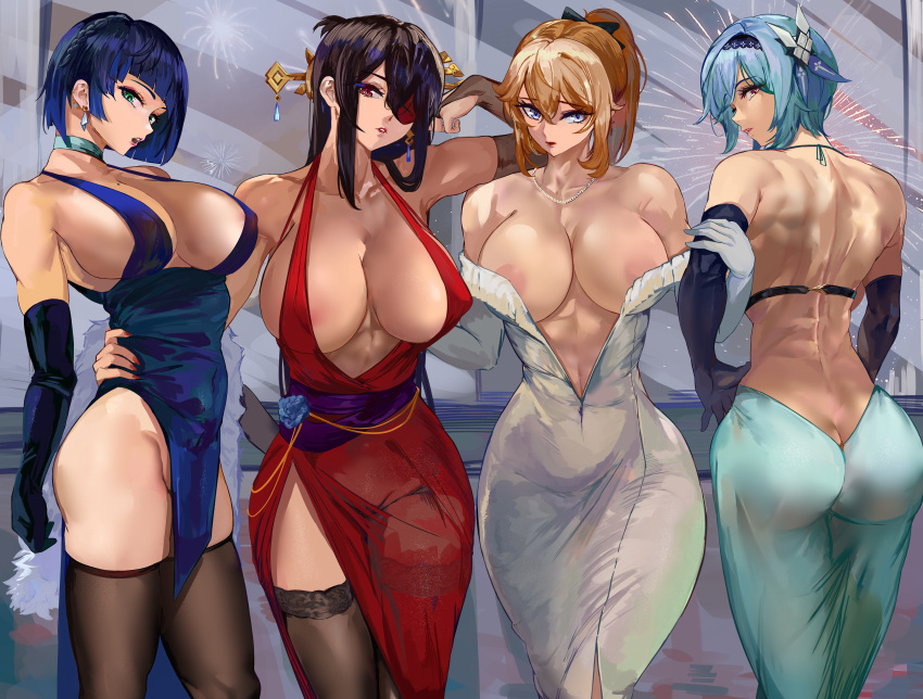 4girls absurd_res ass ass_bigger_than_head beidou_(genshin_impact) big_ass big_breasts black_hair blonde_hair blue_hair breasts breasts_bigger_than_head brown_hair cleavage dat_ass dress eula_(genshin_impact) eyepatch female female_only genshin_impact hi_res huge_ass huge_breasts jean_gunnhildr large_ass large_breasts light-skinned_female light_skin long_hair loooyd massive_breasts multiple_girls naughty_face short_hair thick_thighs yelan_(genshin_impact)