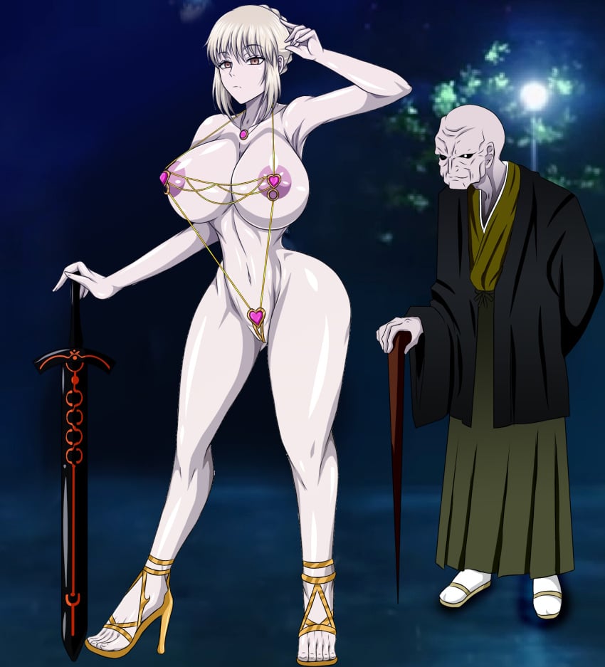 1boy1girl alternate_breast_size areola_slip armpits artoria_pendragon artoria_pendragon_(alter) artoria_pendragon_(fate) bare_breasts bare_legs bare_shoulders big_breasts blonde_hair braid breasts casual_exposure casual_nudity cleavage excalibur exhibitionism fate/grand_order fate/stay_night fate_(series) female functionally_nude functionally_nude_female gem gold_jewelry hair_bun hands_behind_head heels high_heels holding_sword holding_weapon hourglass_figure huge_breasts looking_at_viewer master_e_sempai matou_zouken nude_female_clothed_male old_man older_male older_man_and_teenage_girl one_arm_up pale-skinned_female pale_skin presenting_armpit revealing_clothes revealing_outfit revealing_swimsuit saber saber_alter servant shaved_armpit standing sword tagme thighs tied_hair yellow_eyes