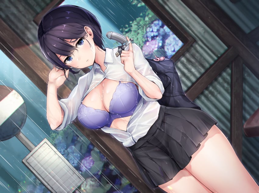 1girls 2019 backpack bag black_hair blue_bra blue_eyes bra breasts bus_stop chastity_cage chastity_device cleavage clothing corrugated_galvanised_iron_sheet female female_only hair_between_eyes highres holding_chastity_cage large_breasts lock looking_at_viewer mappaninatta miniskirt open_clothes open_shirt original outdoors padlock pleated_skirt rain raining road_sign school_uniform shirt short_hair skirt solo standing thighs underwear uniform wet wet_clothes wet_shirt white_shirt