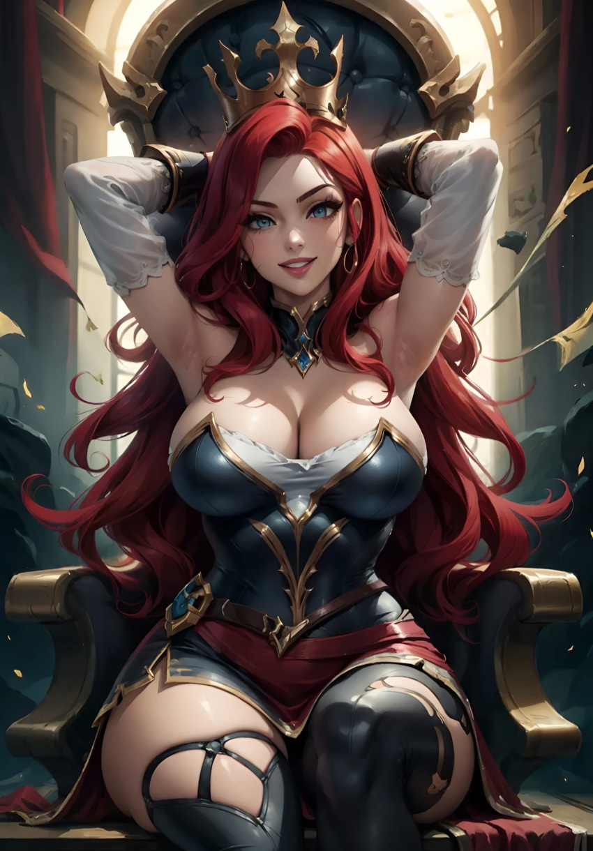 ai_generated big_breasts big_eyes blue_eyes busty cleavage crown earrings hands_behind_head hourglass_figure league_of_legends league_of_legends:_wild_rift long_hair miss_fortune narrow_waist red_hair redhead sexy_waifus slim_waist smile tagme thighs throne wide_hips