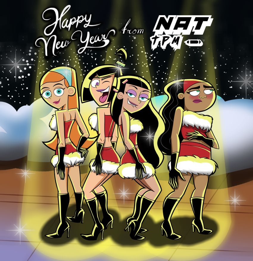 4girls black_hair brown_skin christmas christmas_clothing christmas_hat christmas_outfit danny_phantom embarrassed happy_new_year high_heel_boots high_heels jazz_fenton light mean_girls mean_girls_pose merry_christmas miniskirt multiple_girls nat_tpm new_year new_year_2024 nickelodeon paulina_sanchez pose sam_manson scenery smile valerie_gray yellow_light