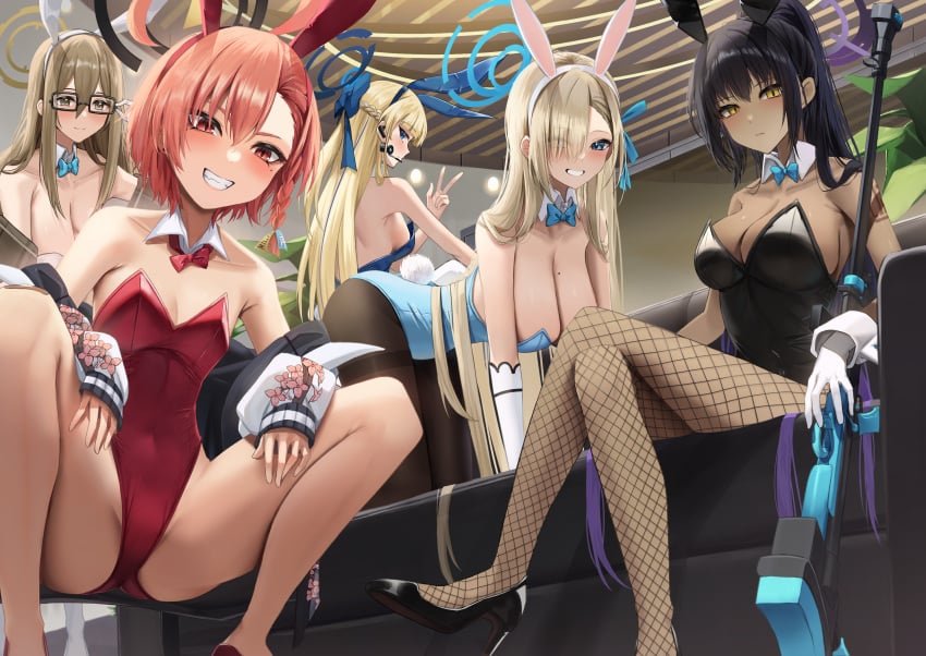 5girls absurdres akane_(blue_archive) akane_(bunny)_(blue_archive) amane_sora animal_ears asuna_(blue_archive) asuna_(bunny)_(blue_archive) black-framed_eyewear black_footwear black_hair black_leotard black_pantyhose blonde_hair blue_archive blue_bow blue_bowtie blue_eyes blue_hair blue_leotard blush bow bowtie braid breasts brown_eyes cleaning_&_clearing_(blue_archive) cleavage closed_mouth collarbone dark-skinned_female dark_skin detached_collar earpiece fake_animal_ears fishnet_pantyhose fishnets glasses grin gun hair_between_eyes hair_over_one_eye high_heels highres indoors jacket karin_(blue_archive) karin_(bunny)_(blue_archive) large_breasts leotard light_brown_hair long_hair long_sleeves millennium_science_school_student mole mole_on_breast multiple_girls neru_(blue_archive) neru_(bunny)_(blue_archive) neru_(swimsuit)_(blue_archive) official_alternate_costume pantyhose playboy_bunny ponytail rabbit_ears rabbit_tail red_eyes red_footwear red_hair red_leotard short_hair single_braid smile sukajan tail toki_(blue_archive) toki_(bunny)_(blue_archive) v weapon yellow_eyes