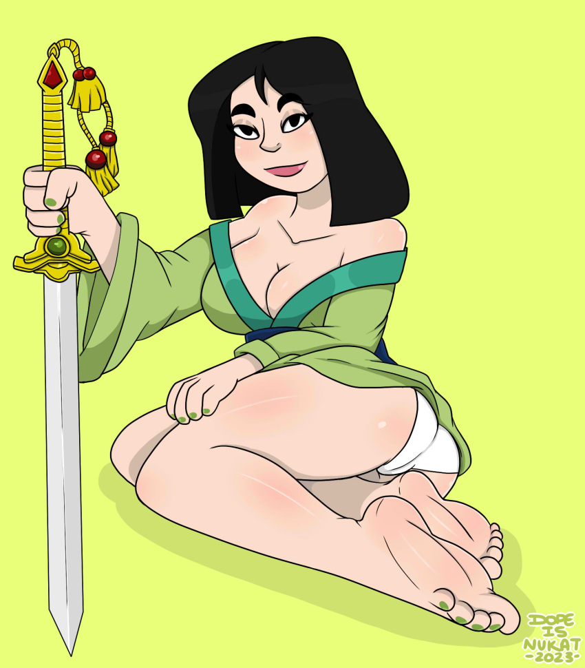 1girls 2023 asian asian_clothing asian_female barefoot barelegs black_hair chinese_clothes chinese_dress cleavage disney disney_princess dopeisnukat fa_mulan feet female green_background green_nail_polish green_nails green_toenail_polish green_toenails legs mulan mulan_(1998_film) solo solo_female sword